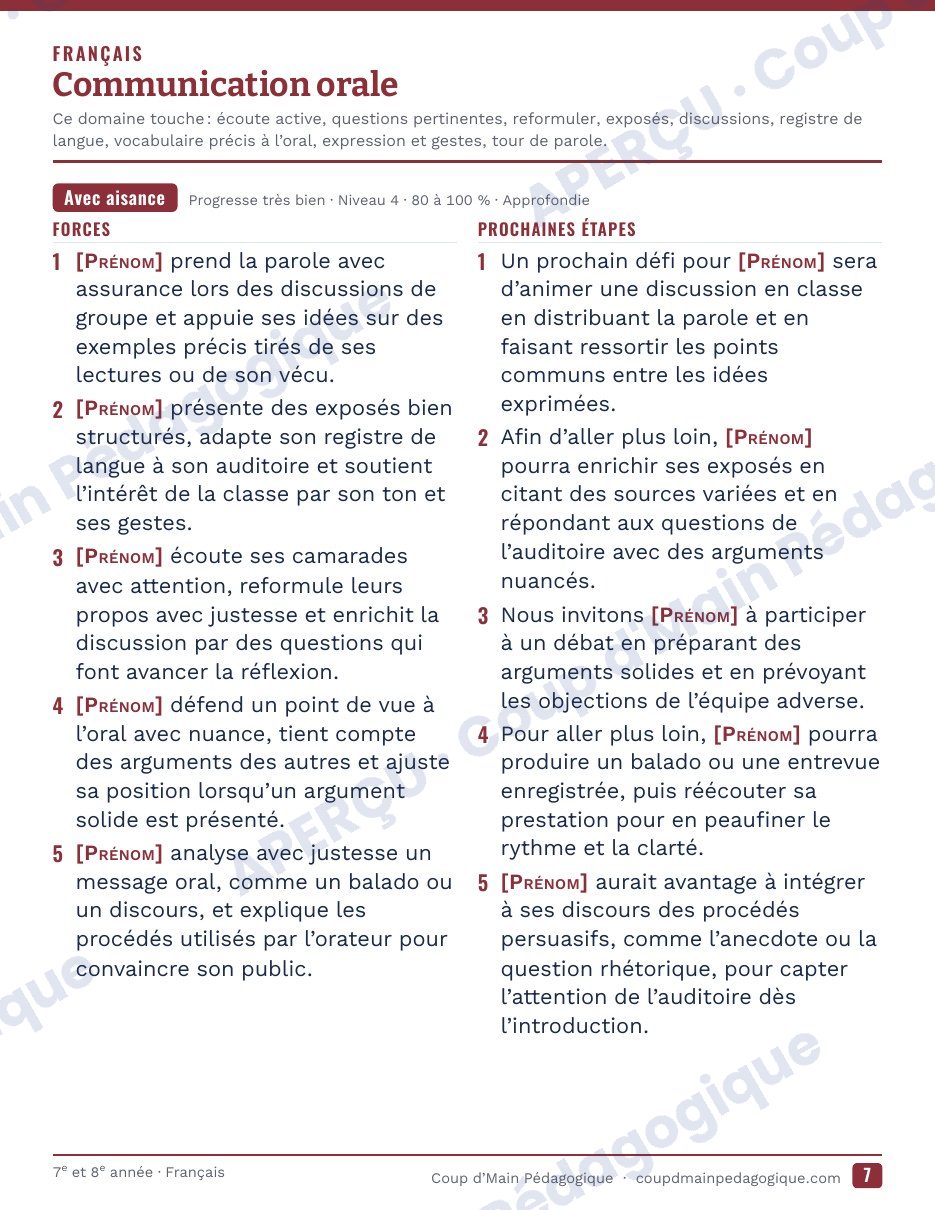 Page 8 — Générateur de commentaires du bulletin — 7e-8e année, Ontario