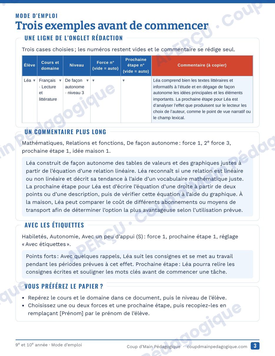 Page 4 — Générateur de commentaires du bulletin — 9e-10e année, Ontario