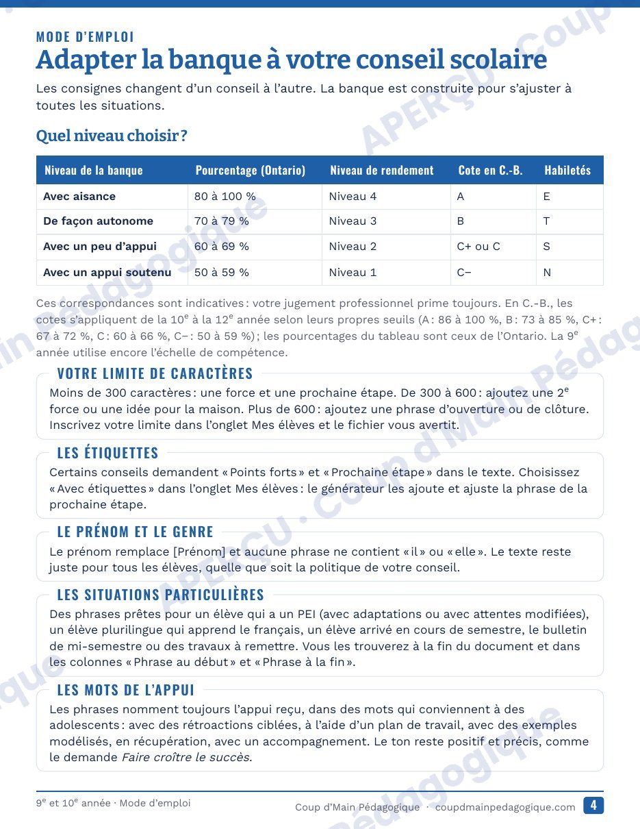 Page 5 — Générateur de commentaires du bulletin — 9e-10e année, Ontario