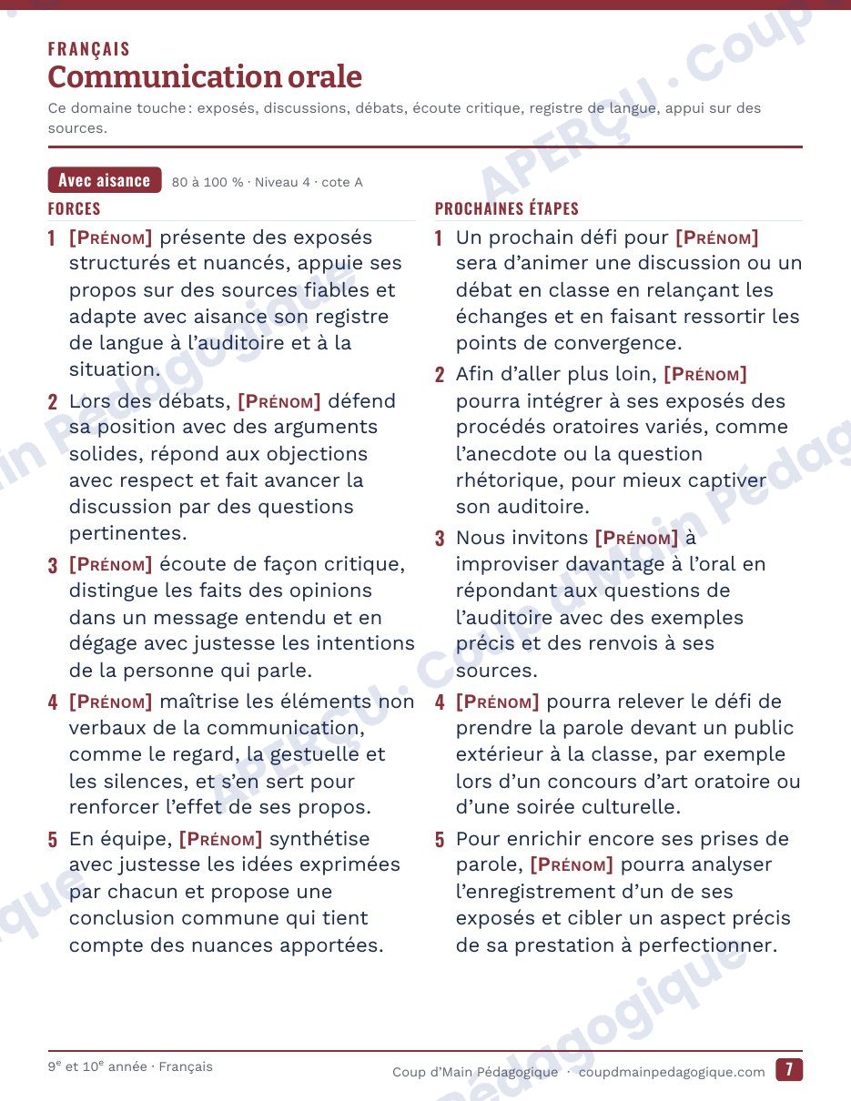 Page 8 — Générateur de commentaires du bulletin — 9e-10e année, Ontario