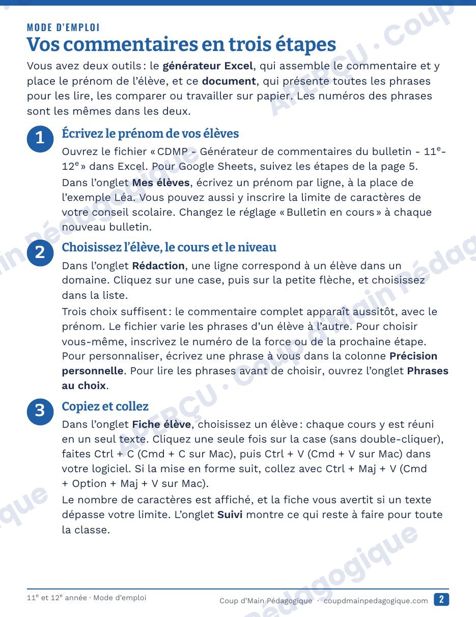Page 2 — Générateur de commentaires du bulletin — 11e-12e année, Ontario