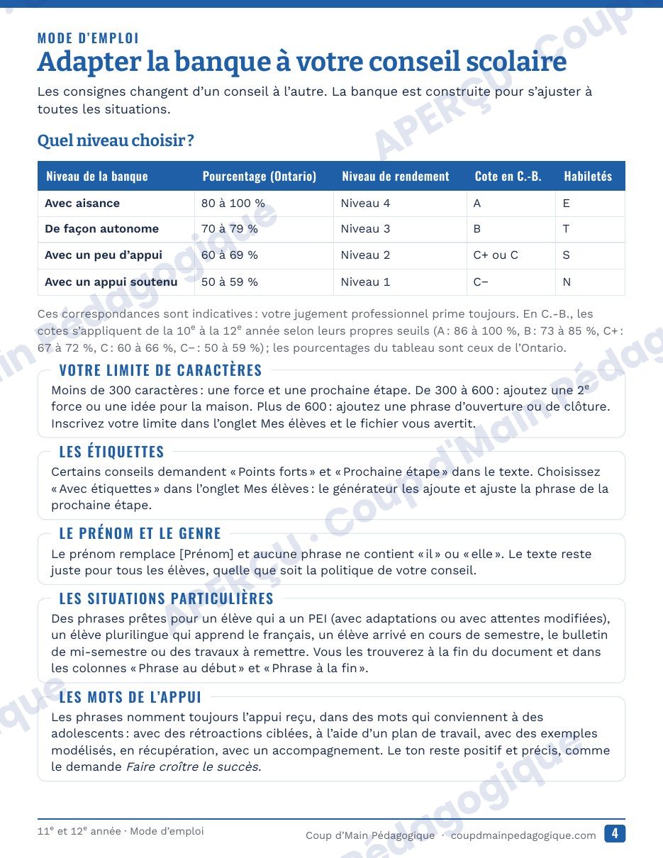 Page 5 — Générateur de commentaires du bulletin — 11e-12e année, Ontario
