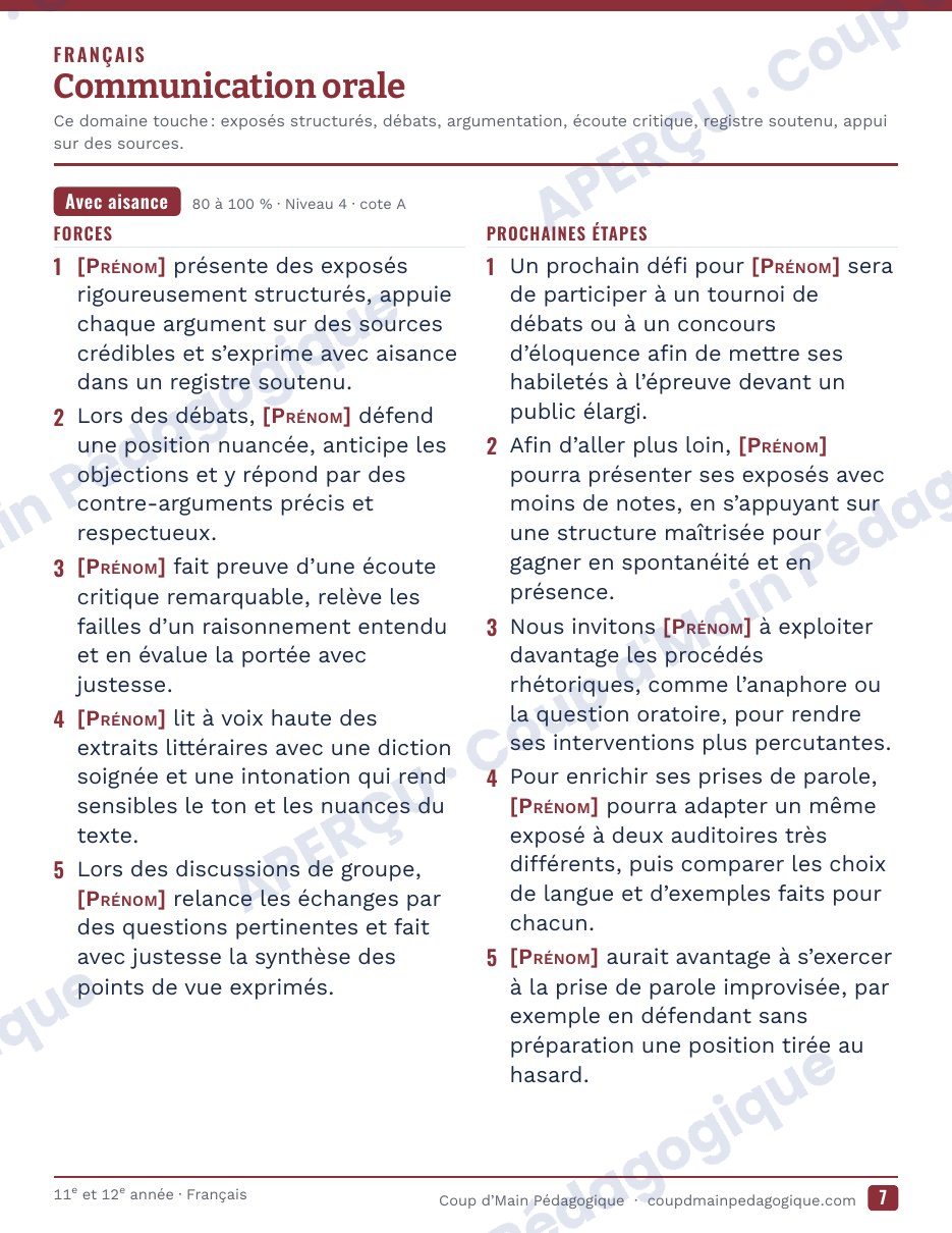 Page 8 — Générateur de commentaires du bulletin — 11e-12e année, Ontario
