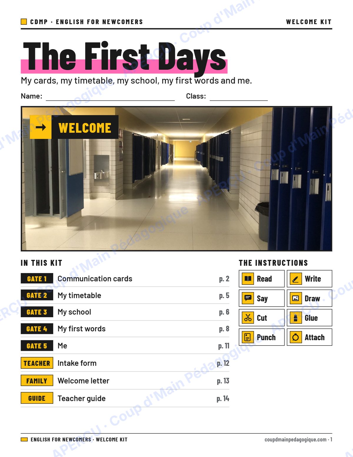 Page 1 — Welcome Kit (The First Days) — 7e-9e année, anglais