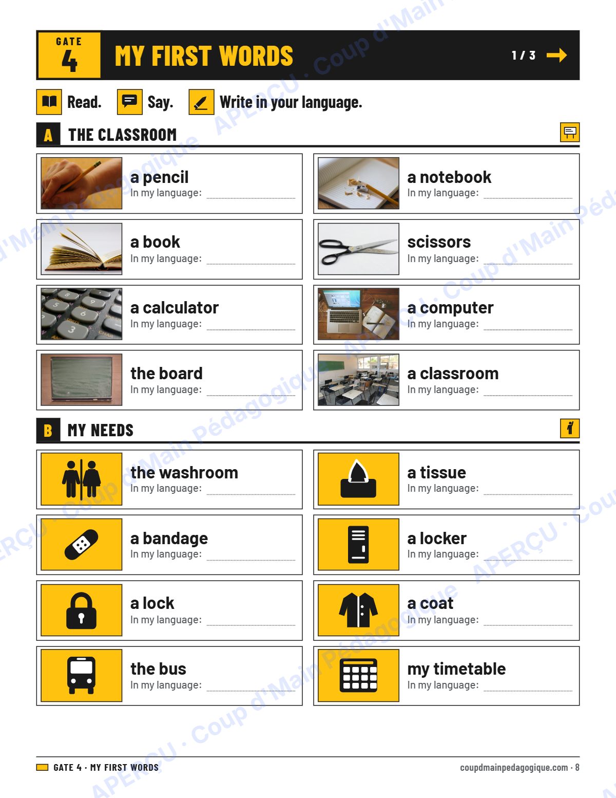 Page 8 — Welcome Kit (The First Days) — 7e-9e année, anglais