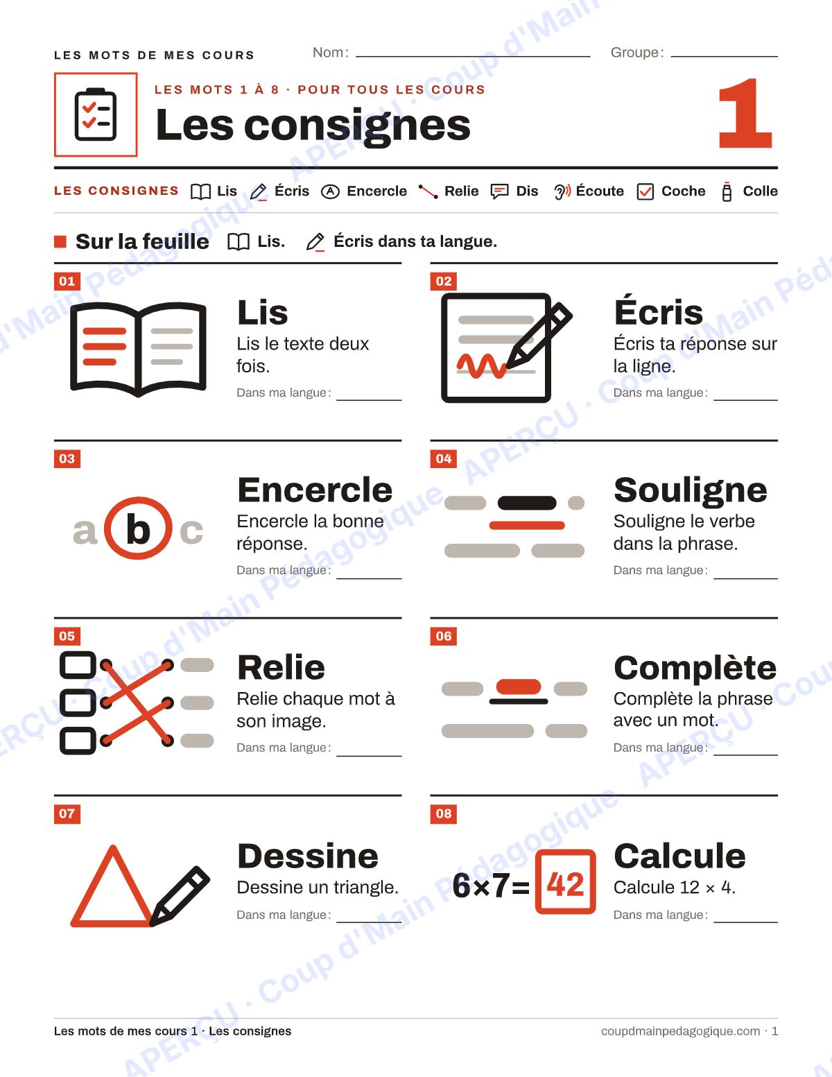 Page 1 — Lexique des consignes — 7e-9e année, francisation