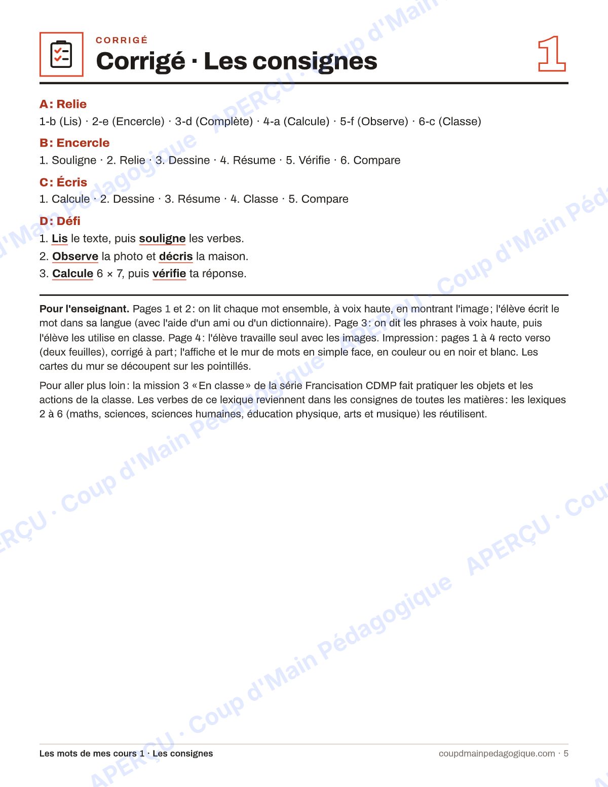 Page 5 — Lexique des consignes — 7e-9e année, francisation