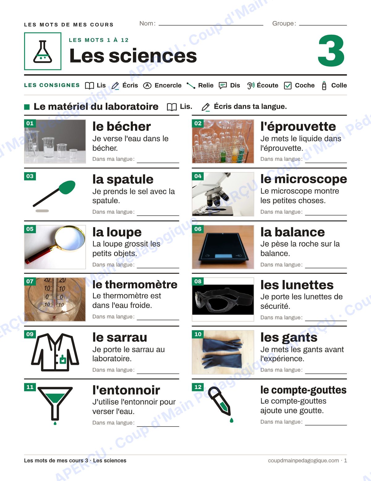 Page 1 — Lexique des sciences — 7e-9e année, francisation