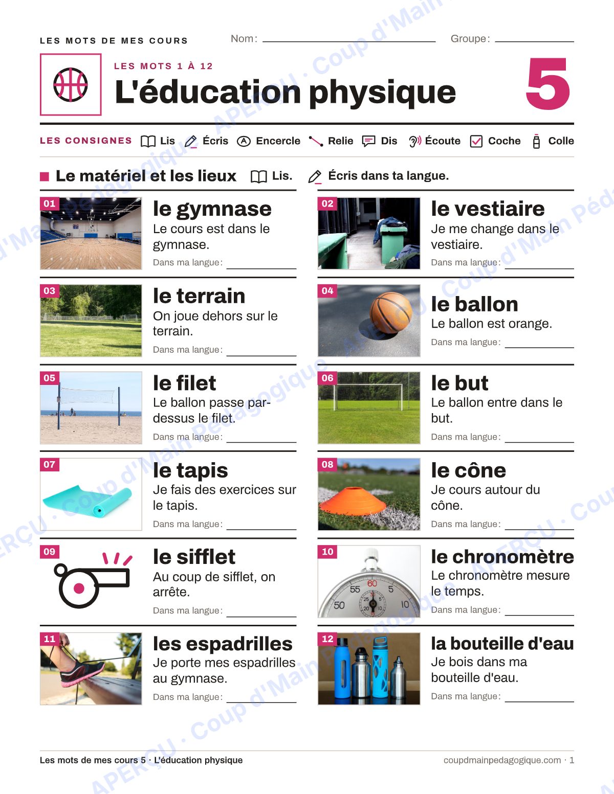Page 1 — Lexique d'éduc. physique — 7e-9e année, francisation