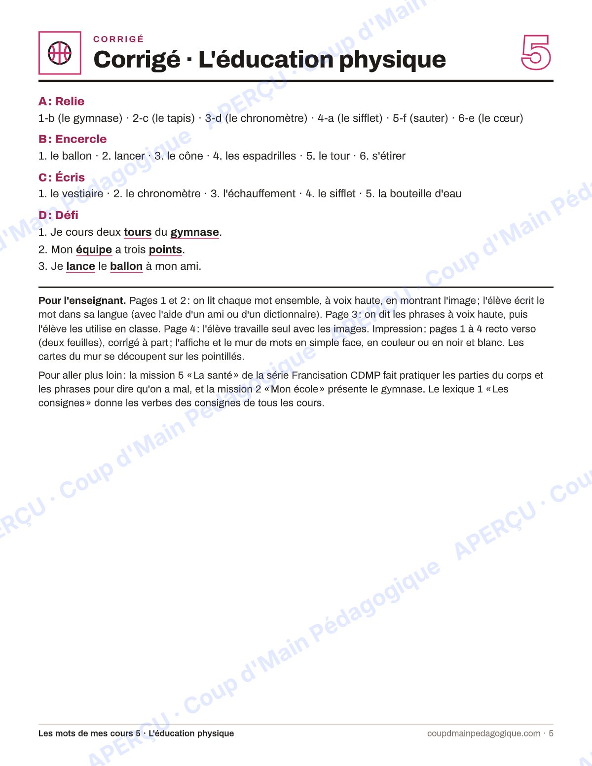 Page 5 — Lexique d'éduc. physique — 7e-9e année, francisation