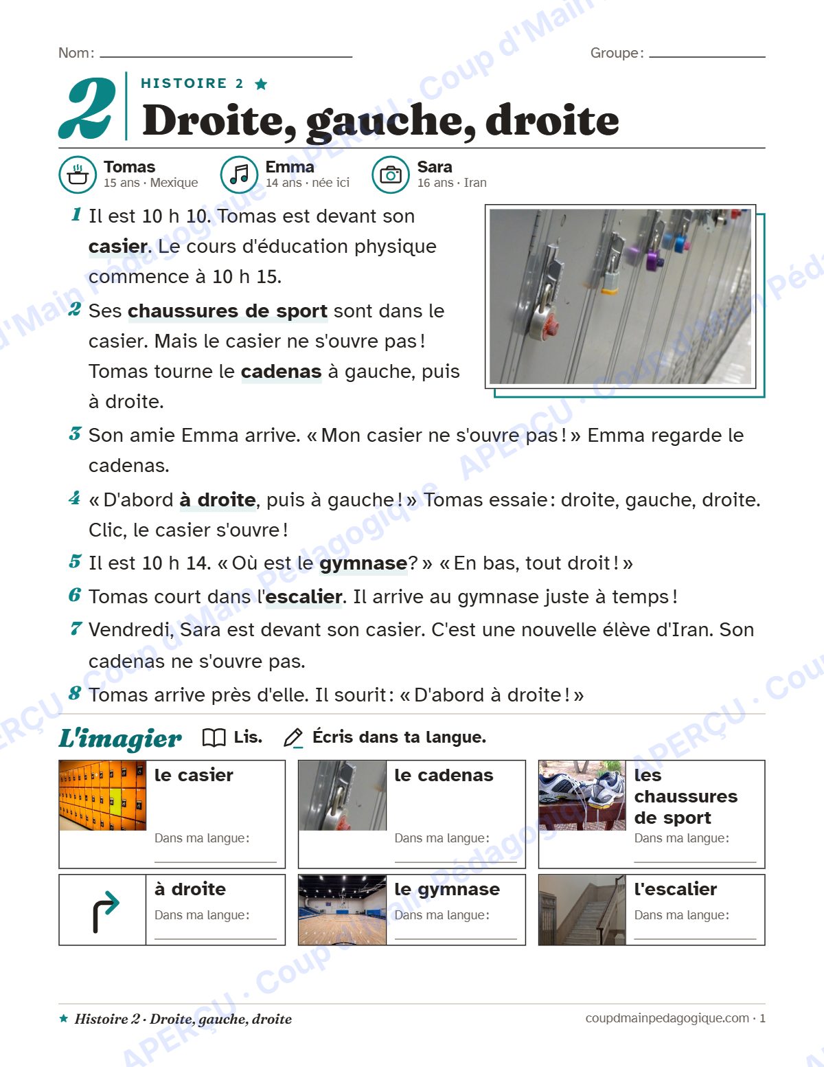 Page 1 — Histoire 2 : droite, gauche, droite — francisation