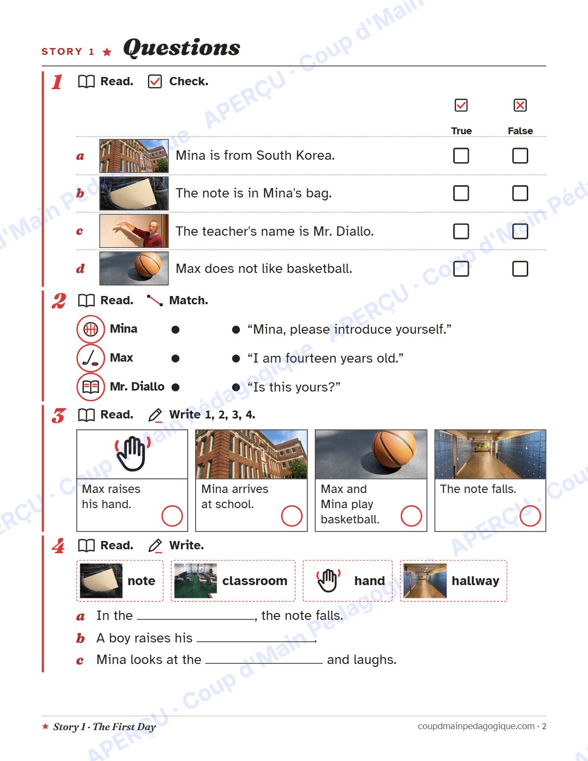 Page 2 — Story 1 : The First Day — 7e-9e année, anglais