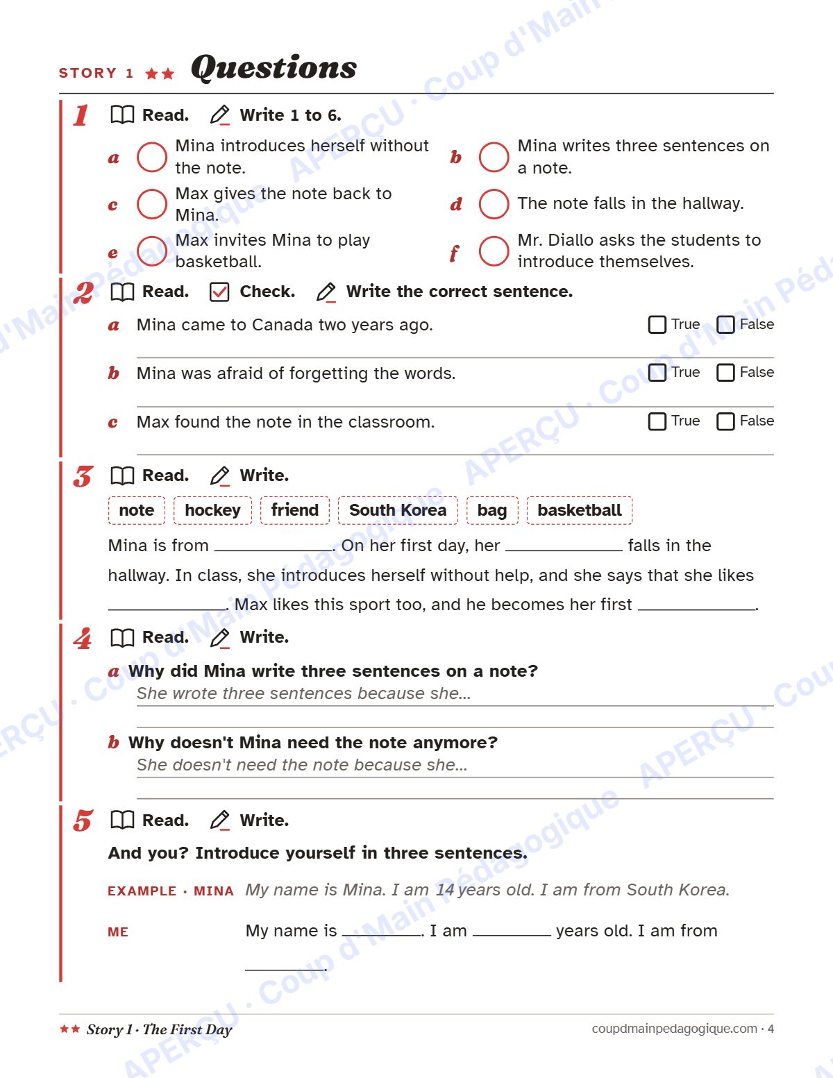 Page 4 — Story 1 : The First Day — 7e-9e année, anglais