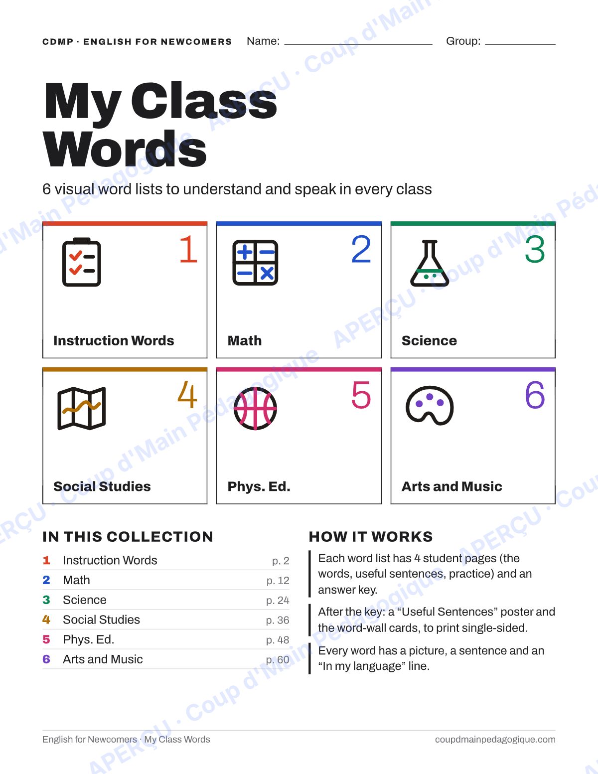 Page 1 — My Class Words — 7e-9e année, anglais, 6 lexiques