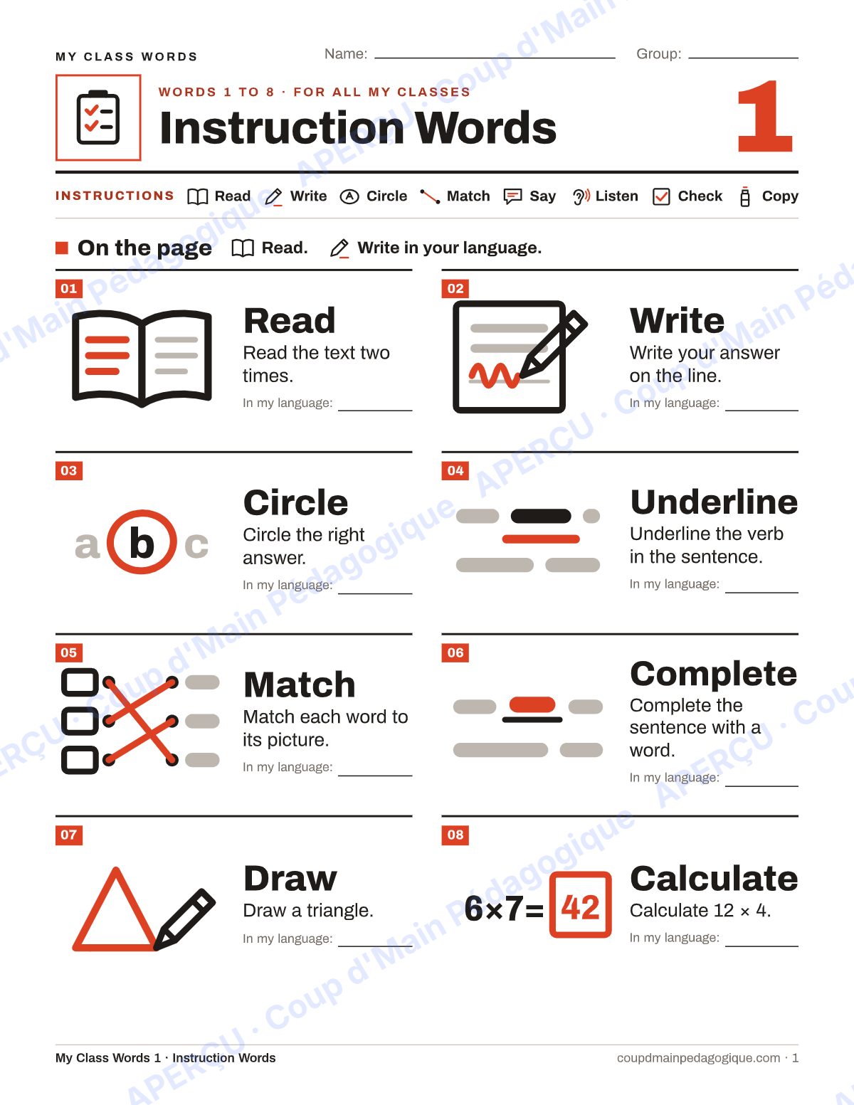 Page 2 — My Class Words — 7e-9e année, anglais, 6 lexiques