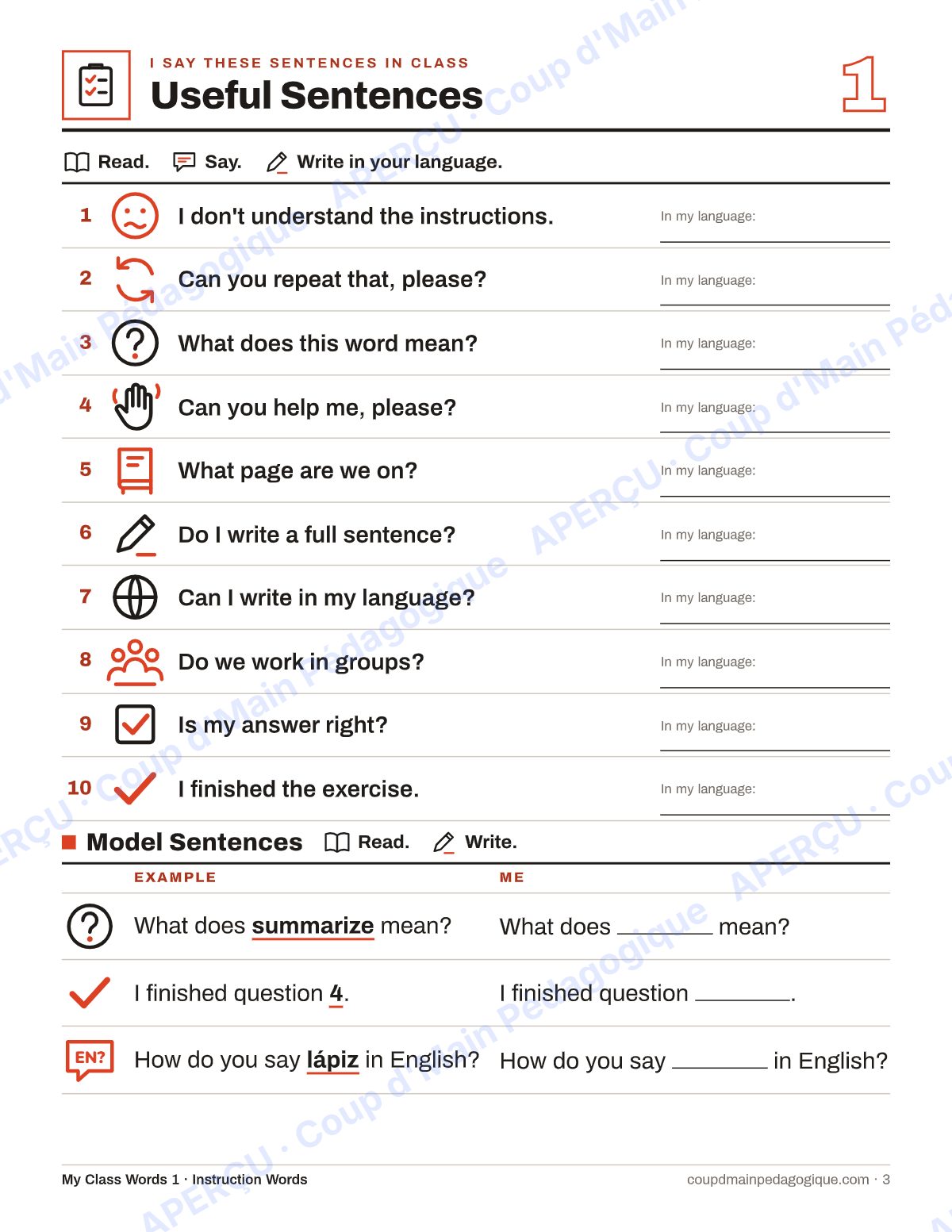 Page 4 — My Class Words — 7e-9e année, anglais, 6 lexiques