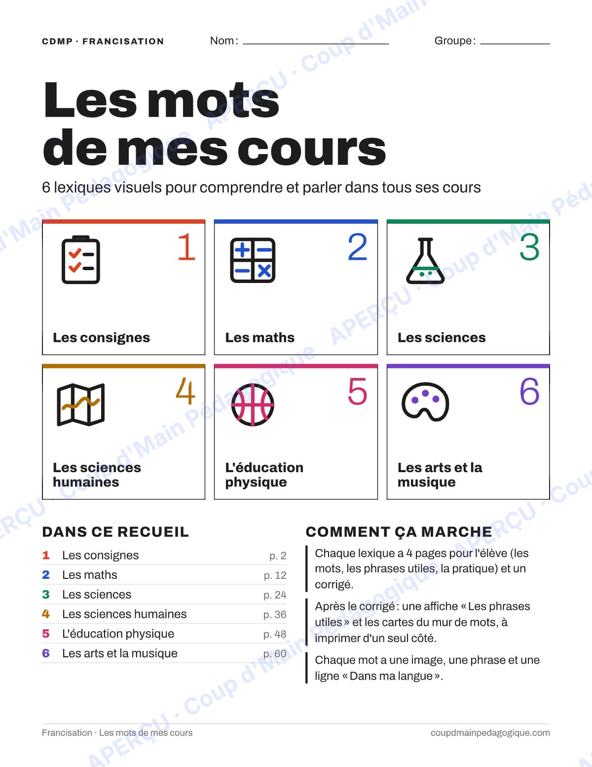 Page 1 — Les mots de mes cours — 7e-9e année, collection complète