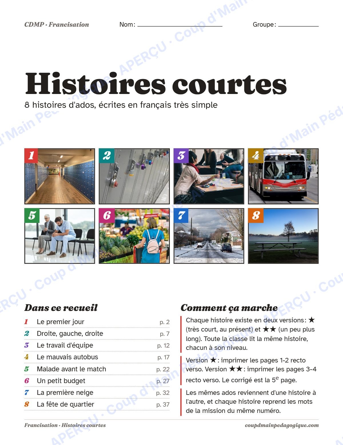 Page 1 — Les 8 histoires courtes — 7e-9e année, francisation