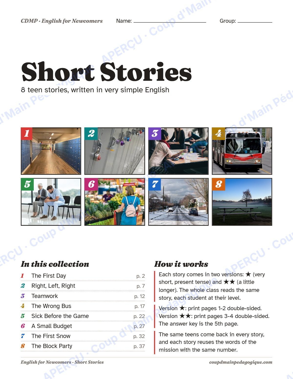 Page 1 — Short Stories, les 8 histoires — 7e-9e année, anglais