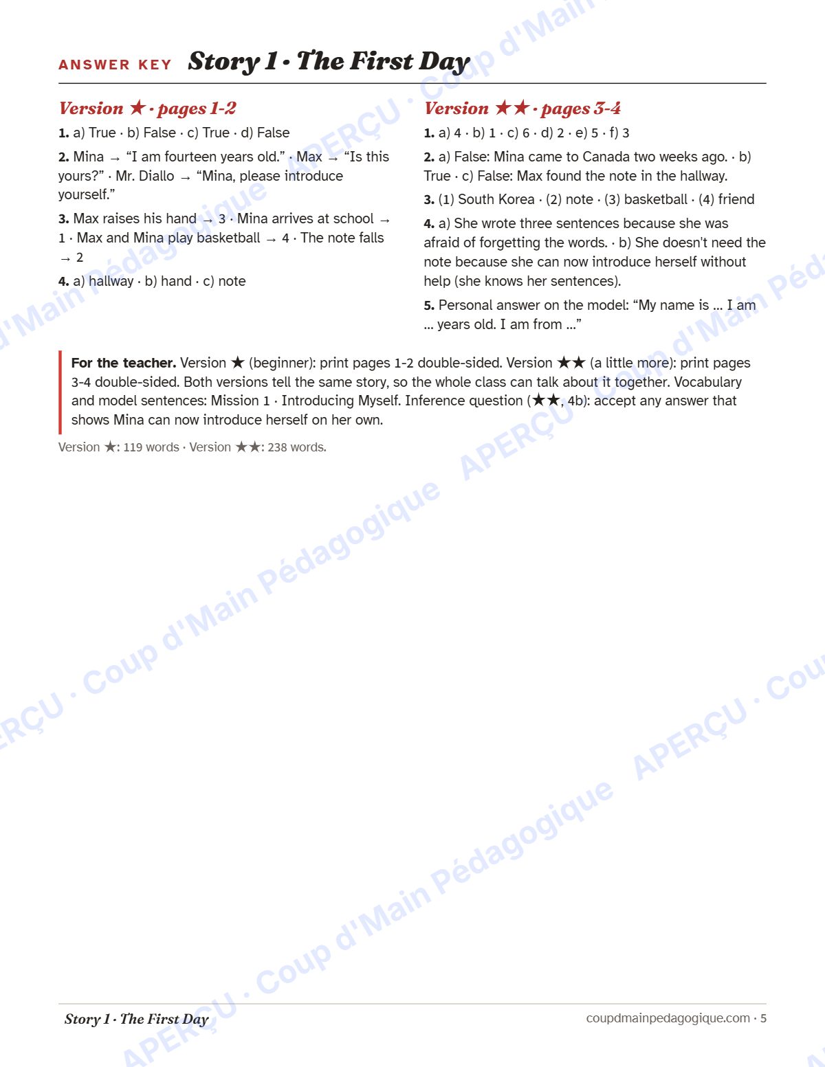 Page 6 — Short Stories, les 8 histoires — 7e-9e année, anglais