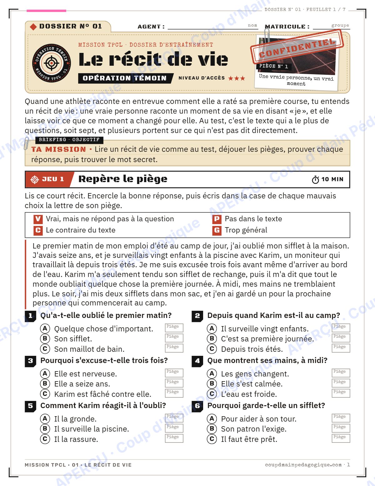 Page 1 — Mission TPCL 1 : le récit de vie — 10e année