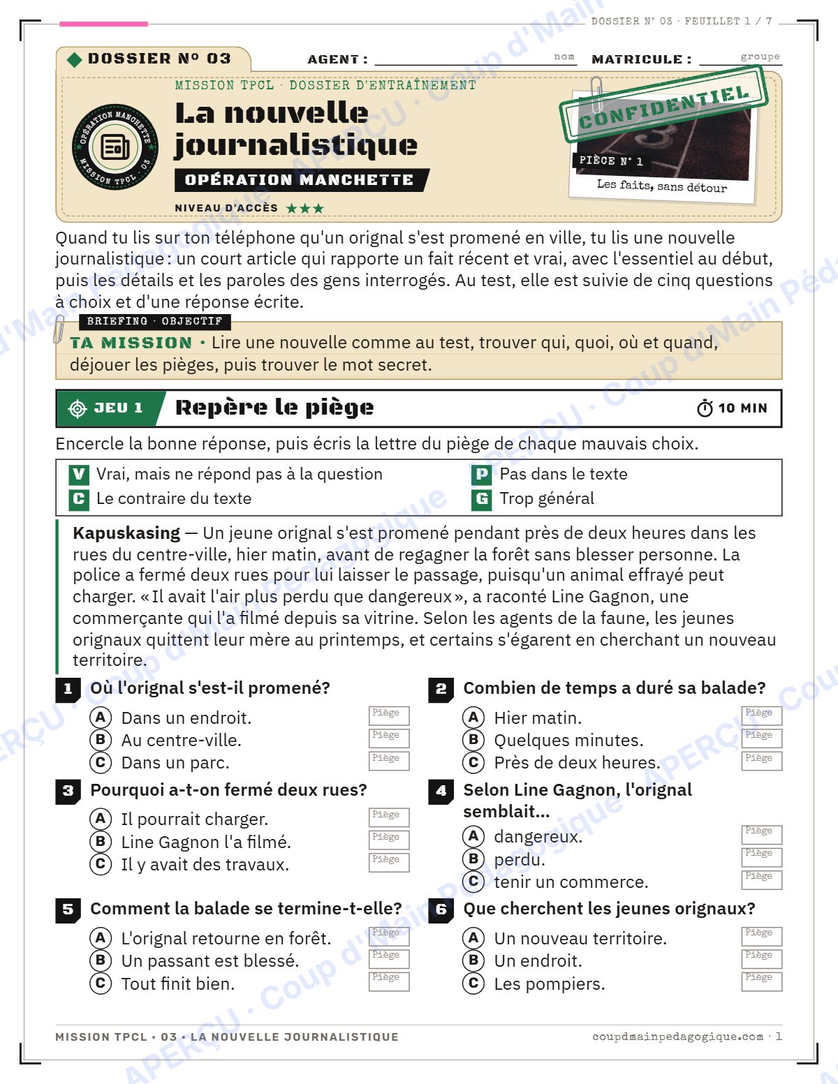 Page 1 — Mission TPCL 3 : la nouvelle journalistique — 10e année