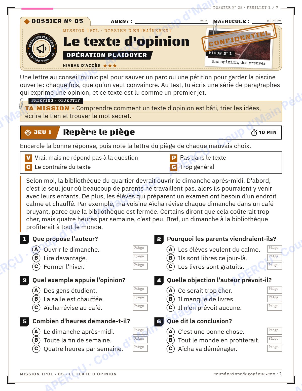 Page 1 — Mission TPCL 5 : le texte d'opinion — 10e année