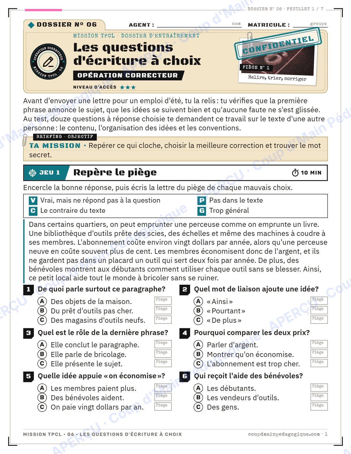 Page 1 — Mission TPCL 6 : questions d'écriture — 10e année