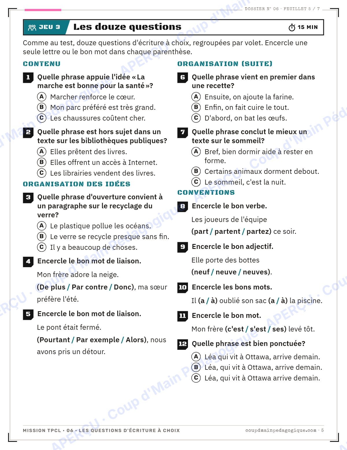 Page 5 — Mission TPCL 6 : questions d'écriture — 10e année