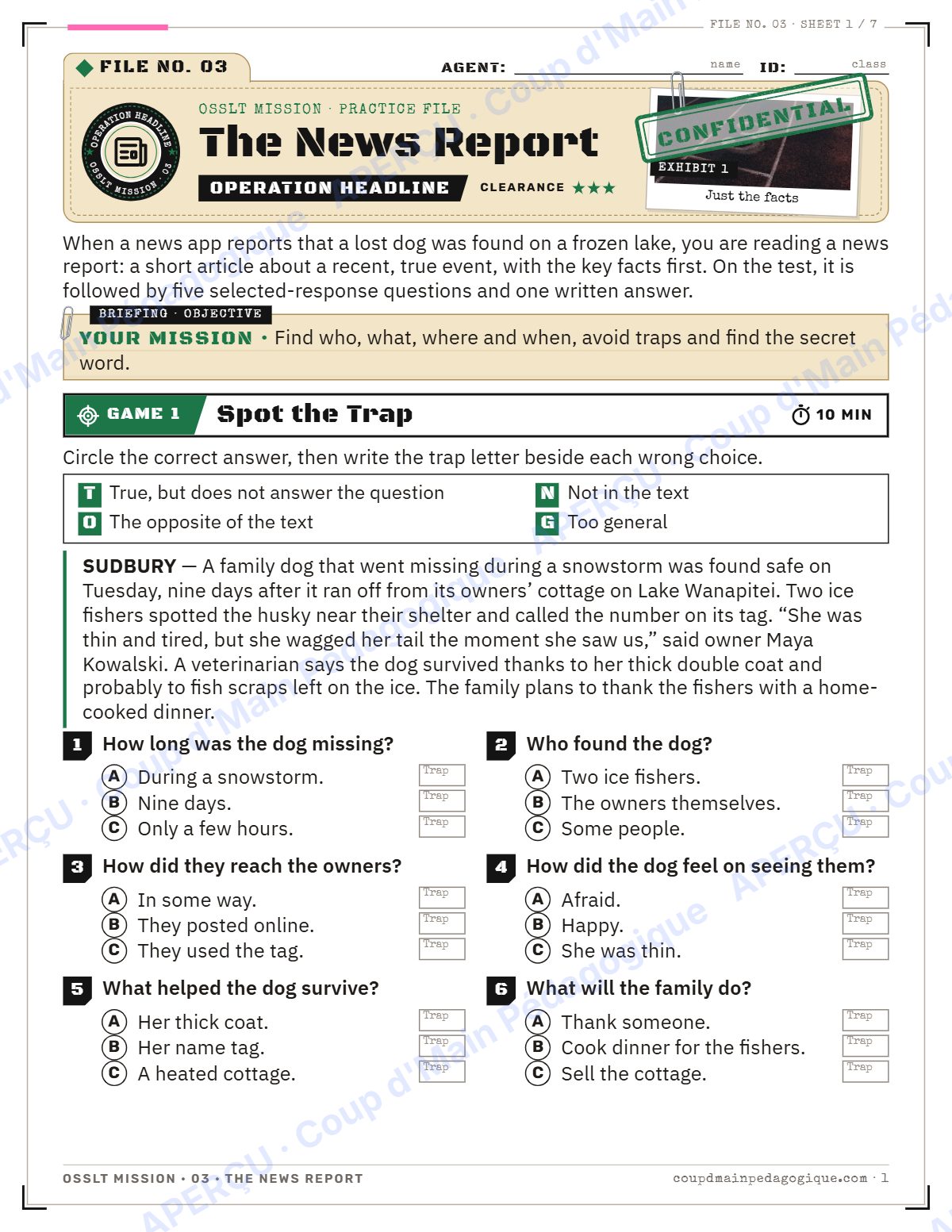 Page 1 — OSSLT Mission 3 : The News Report — 10e année