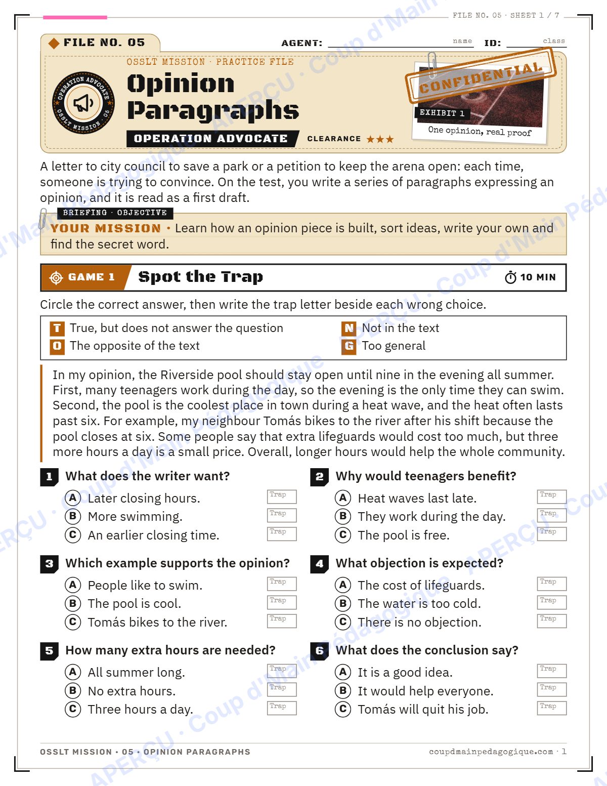 Page 1 — OSSLT Mission 5 : Opinion Paragraphs — 10e année