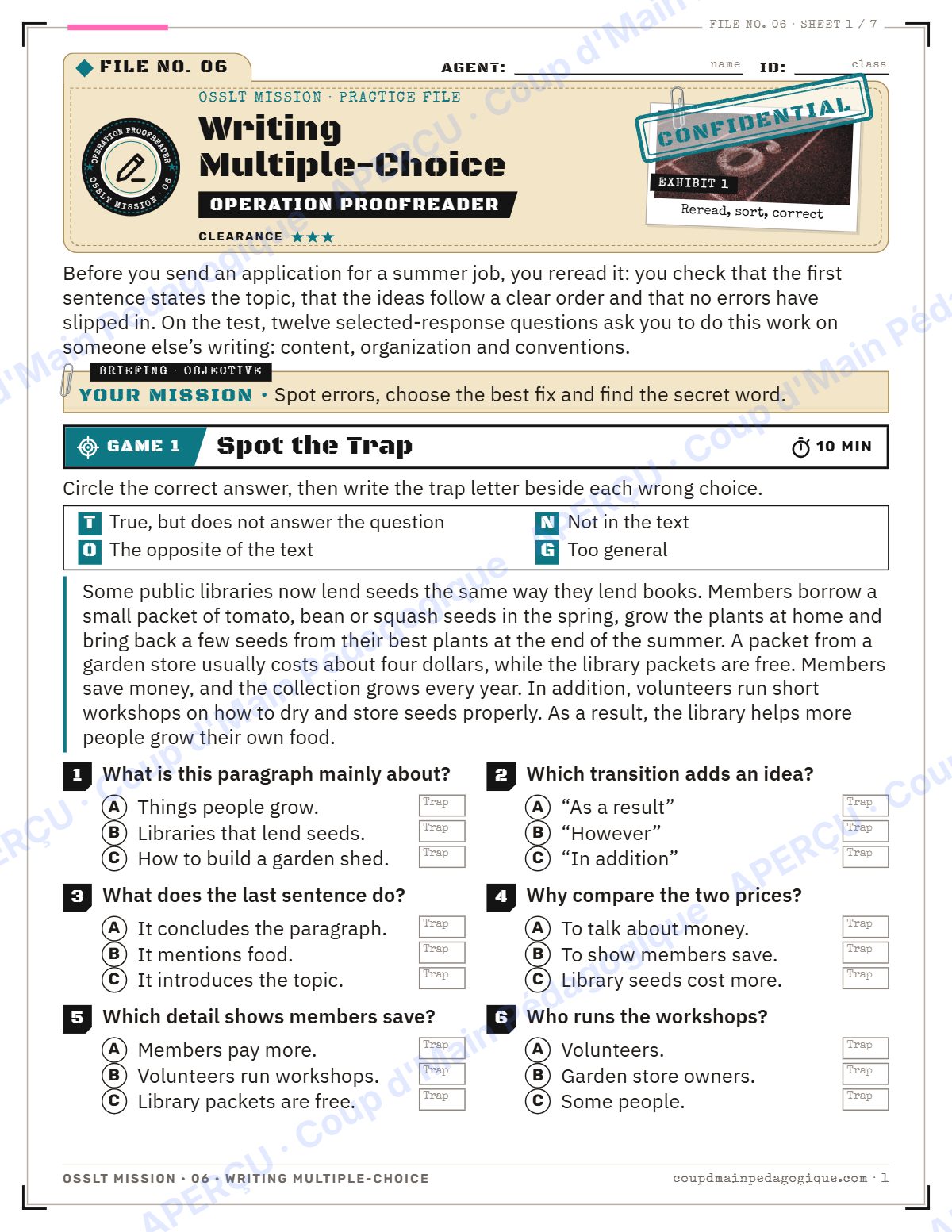 Page 1 — OSSLT Mission 6 : Writing Multiple-Choice — 10e année