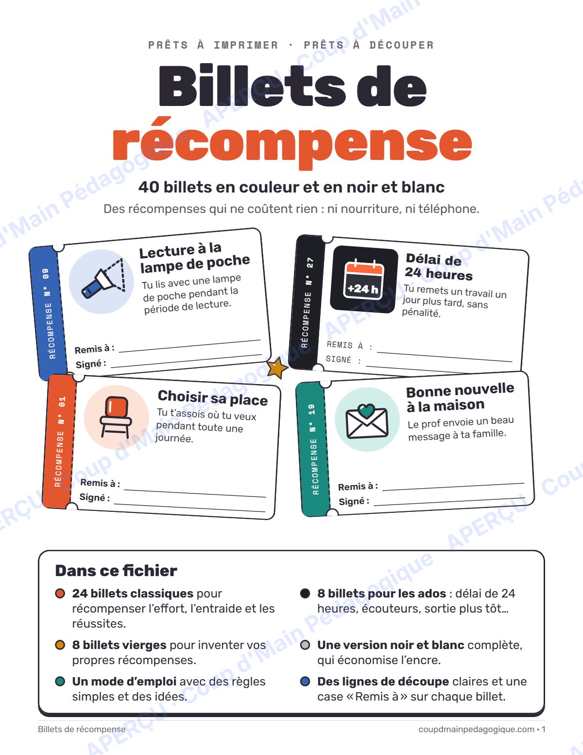 Page 1 — Billets de récompense — 1re-12e année, gestion de classe