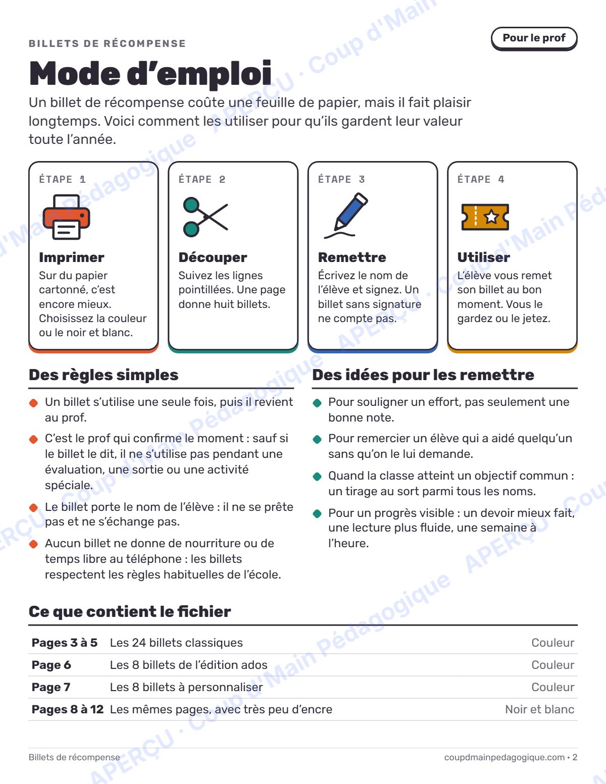 Page 2 — Billets de récompense — 1re-12e année, gestion de classe