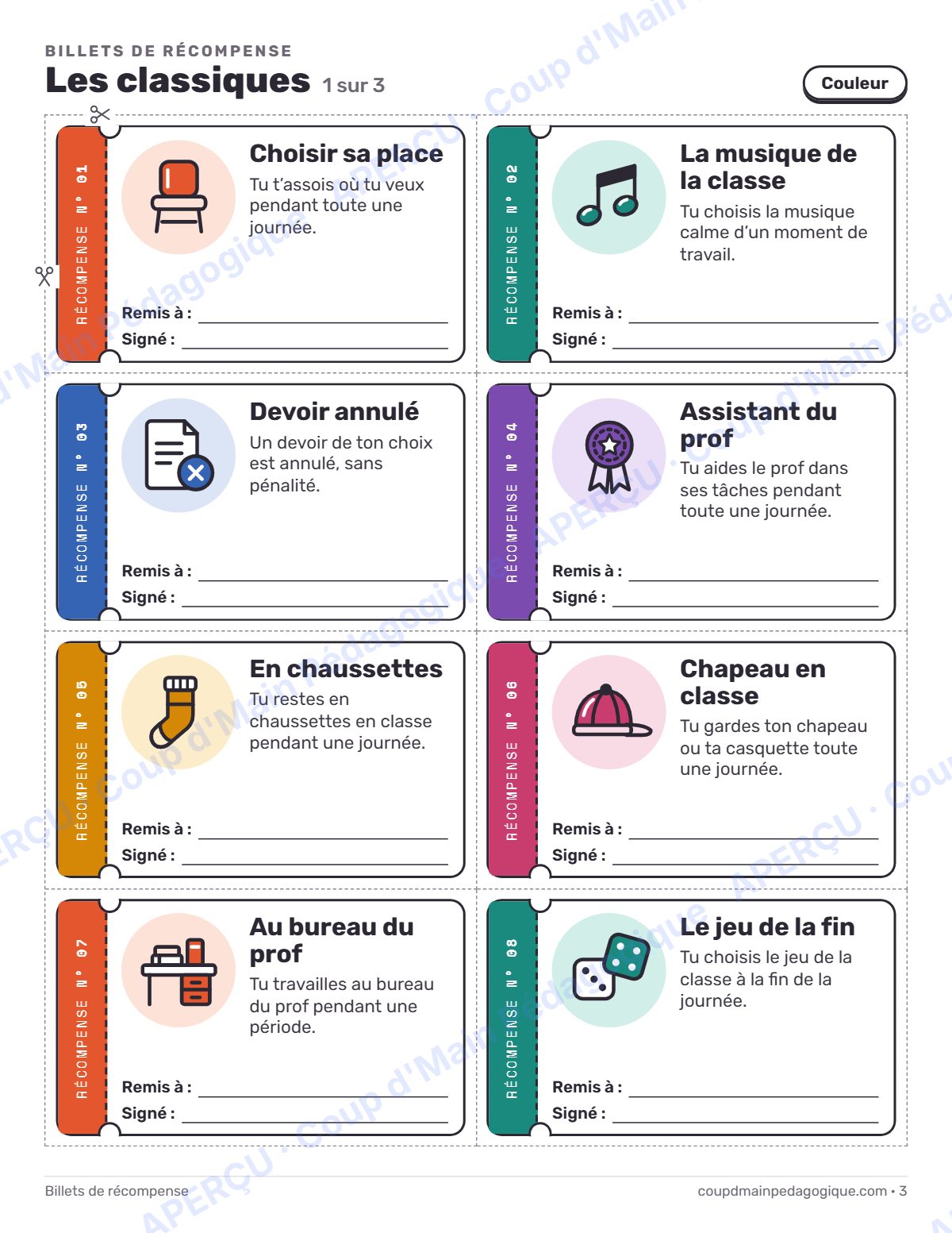 Page 3 — Billets de récompense — 1re-12e année, gestion de classe