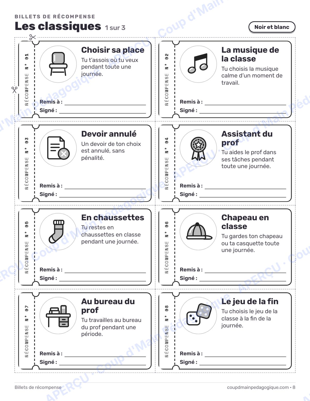 Page 8 — Billets de récompense — 1re-12e année, gestion de classe