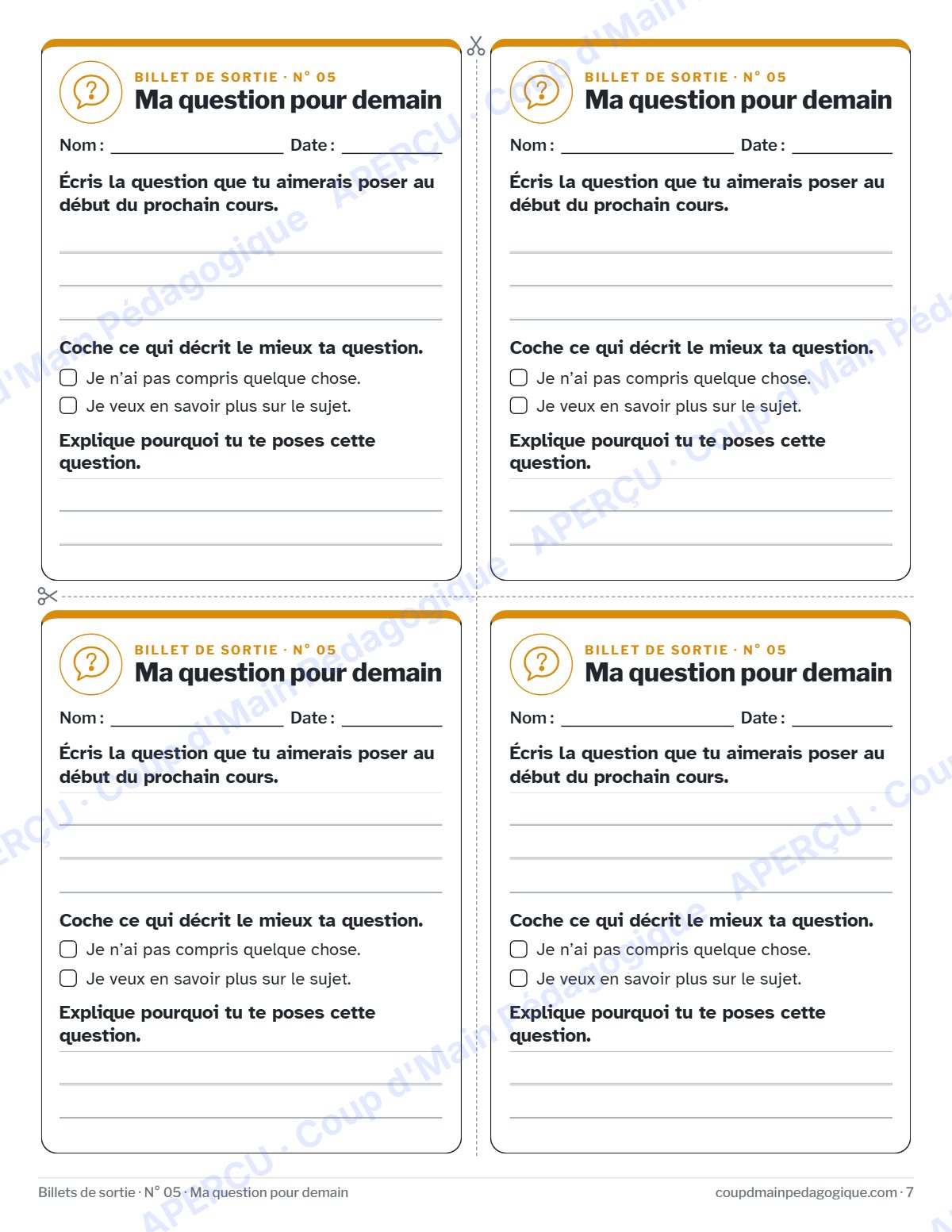 Page 7 — Billets de sortie — 3e-12e année, toutes matières