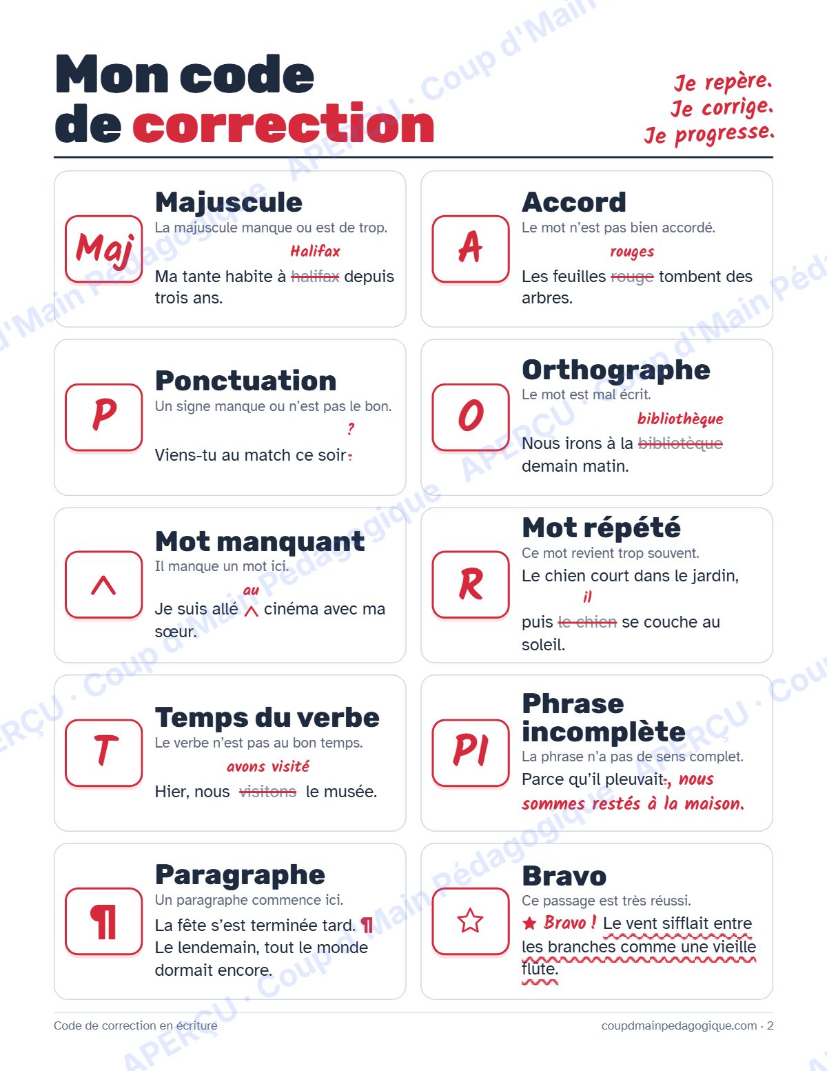 Page 2 — Code de correction en écriture — 3e-8e année, affiches