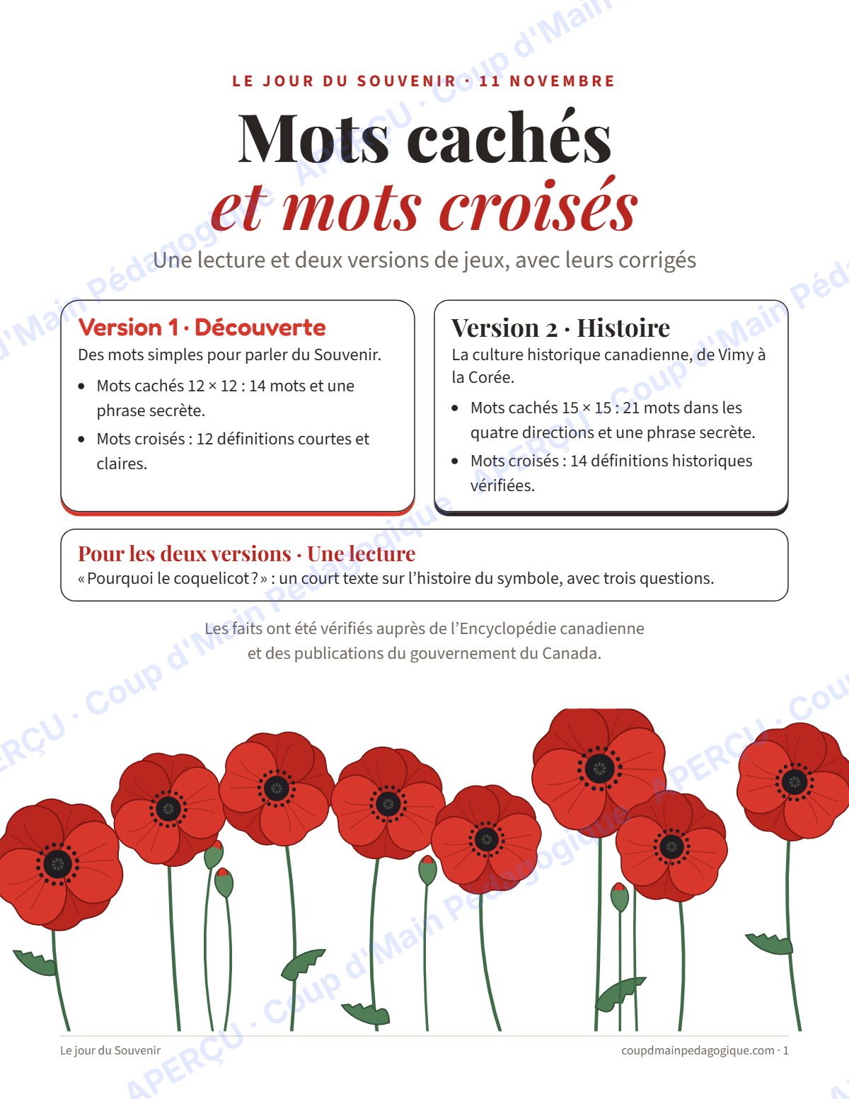 Page 1 — Mots cachés et croisés du Souvenir — 4e-8e année, jeux