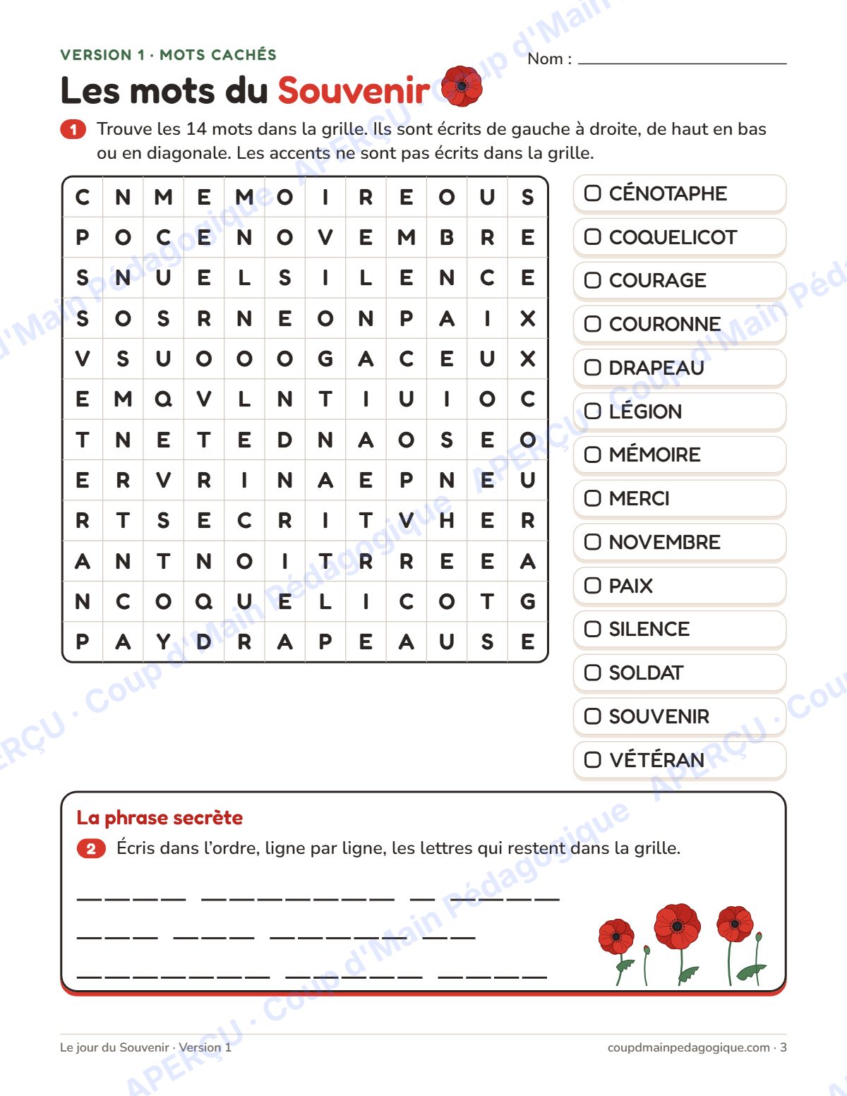Page 3 — Mots cachés et croisés du Souvenir — 4e-8e année, jeux