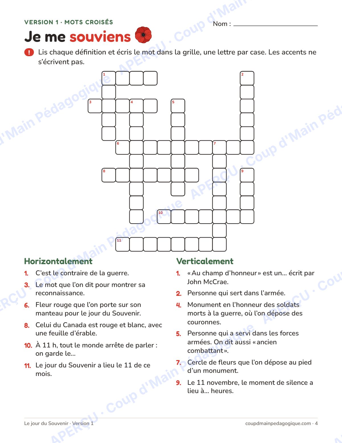 Page 4 — Mots cachés et croisés du Souvenir — 4e-8e année, jeux