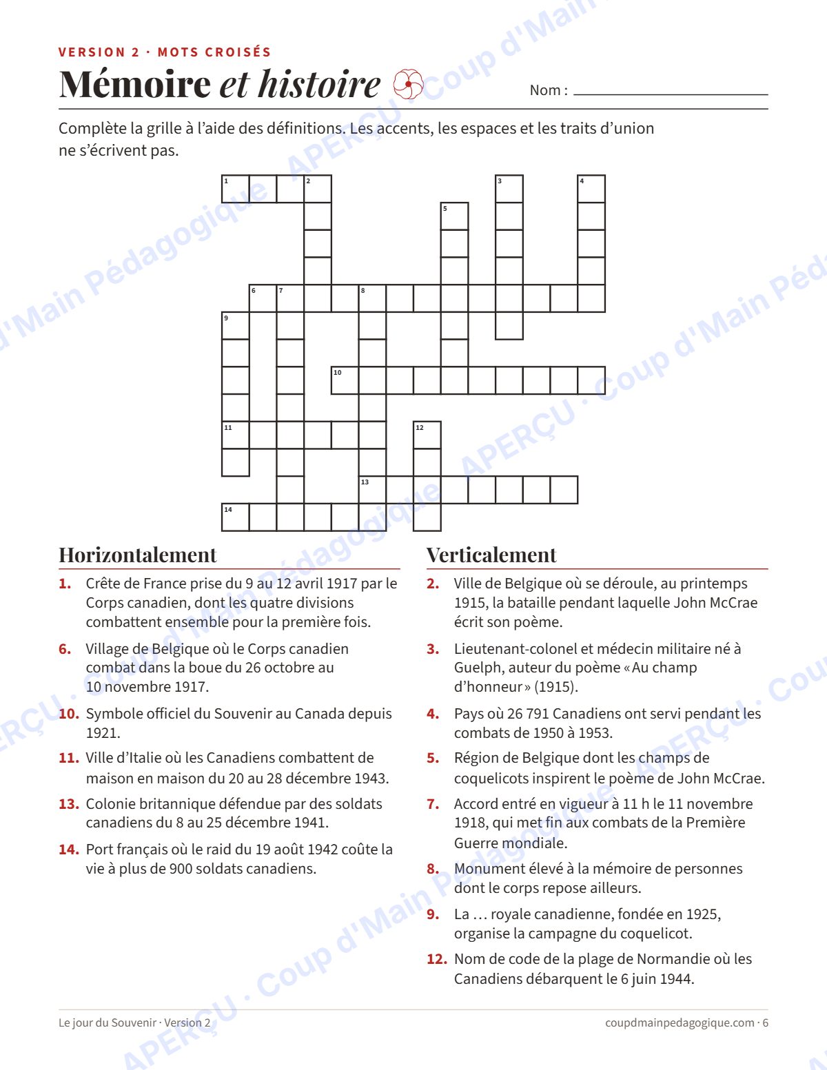 Page 6 — Mots cachés et croisés du Souvenir — 4e-8e année, jeux