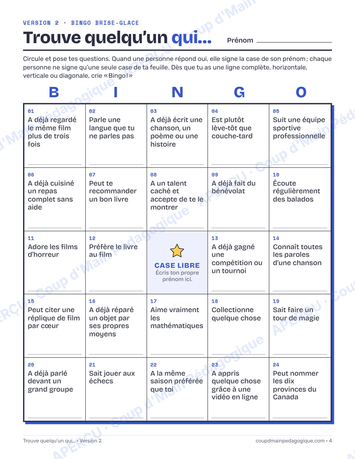 Page 4 — Trouve quelqu'un qui… — 3e-8e année, bingo brise-glace