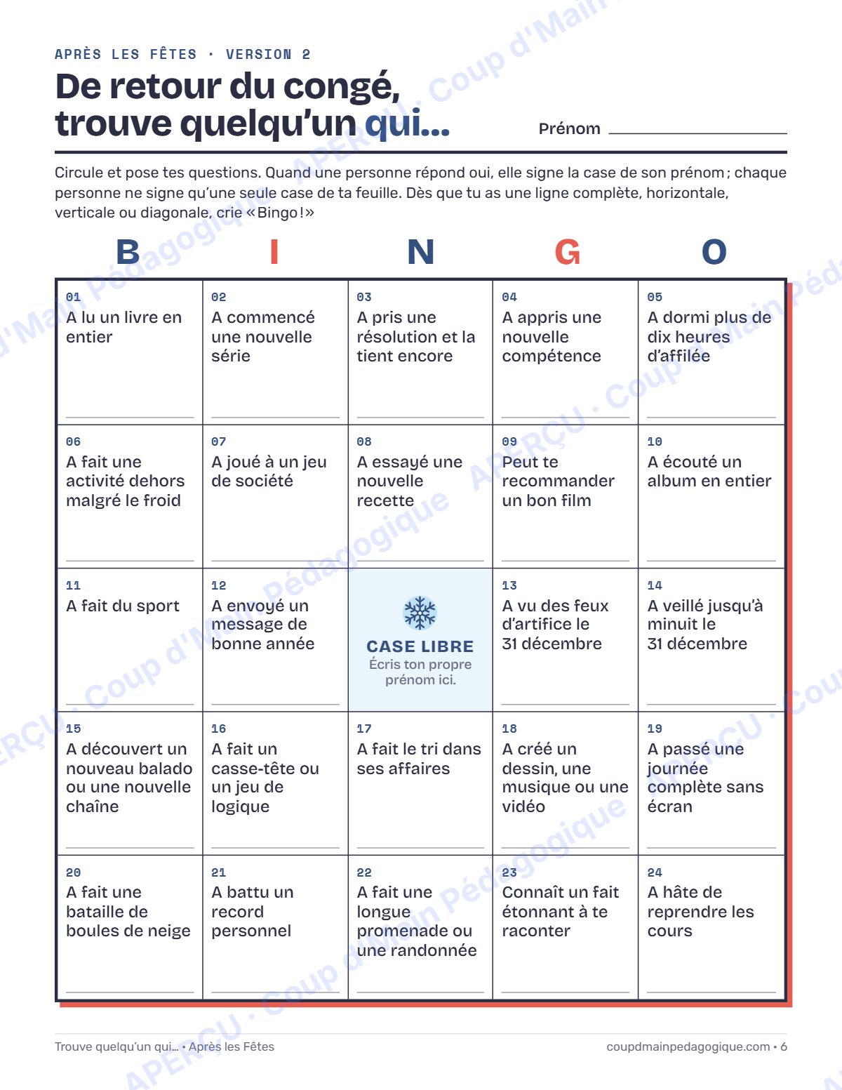 Page 6 — Trouve quelqu'un qui… — 3e-8e année, bingo brise-glace
