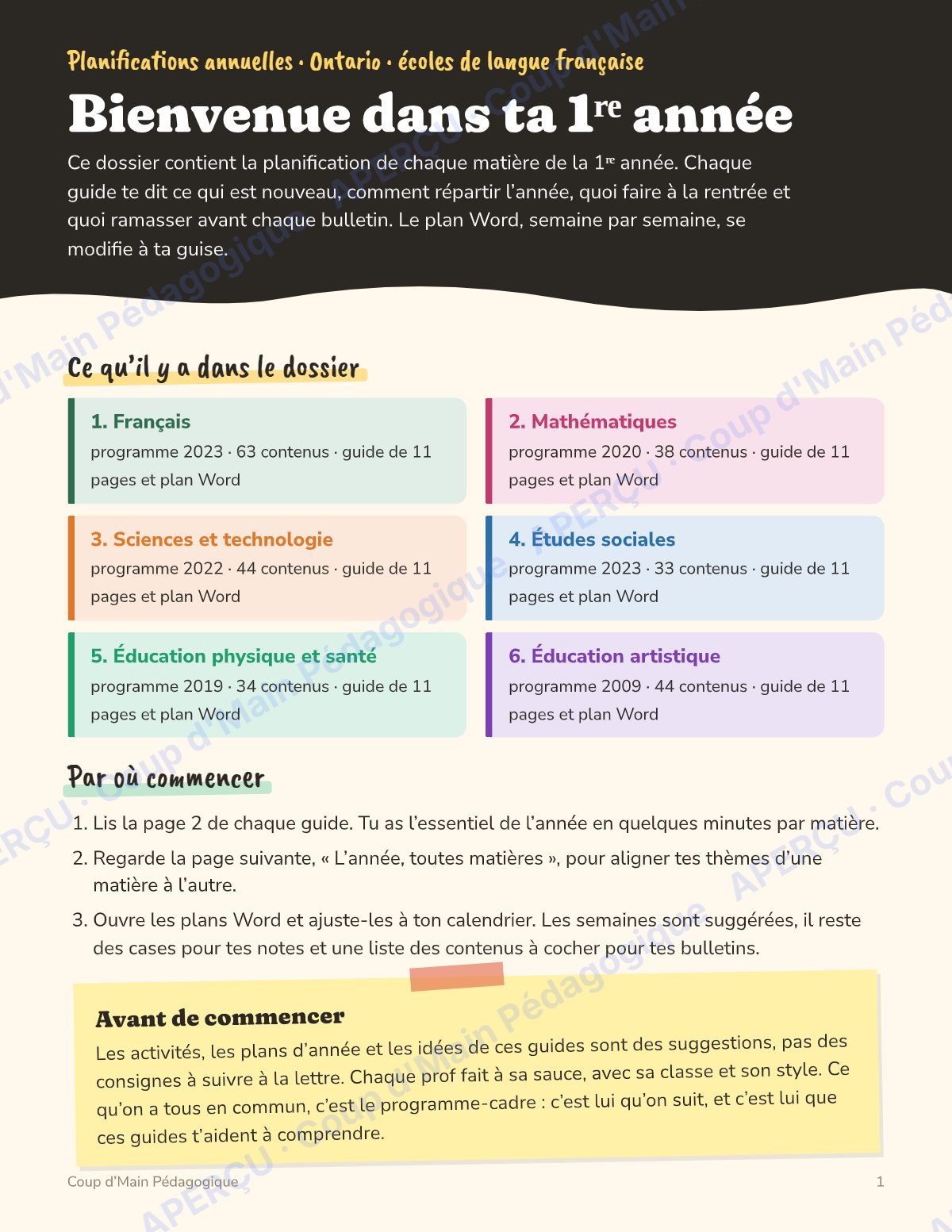 Page 1 — Planification annuelle 1re année — 6 matières