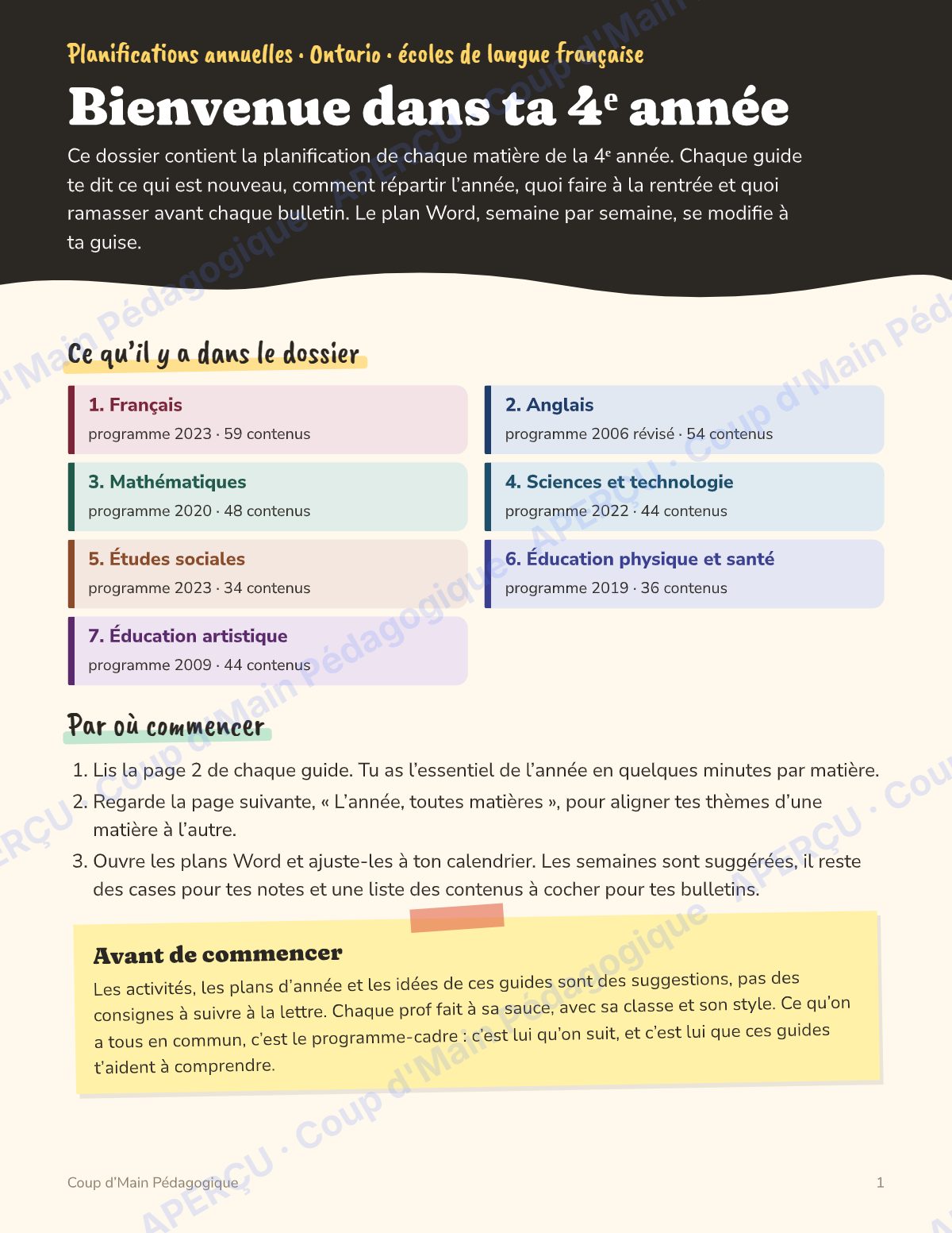 Page 1 — Planification annuelle 4e année — 7 matières