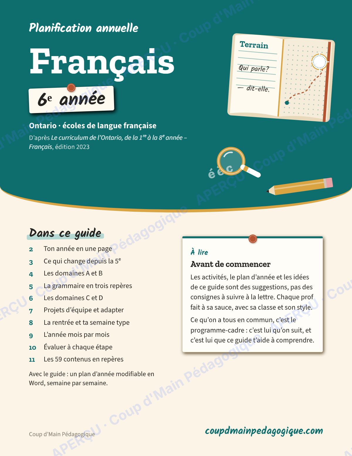 Page 1 — Planification annuelle Français — 6e année