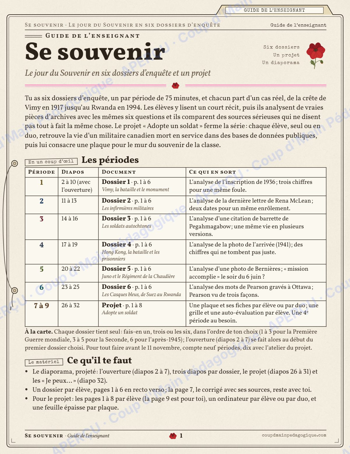 Page 1 — Jour du Souvenir en 6 dossiers — 9e-10e année, unité