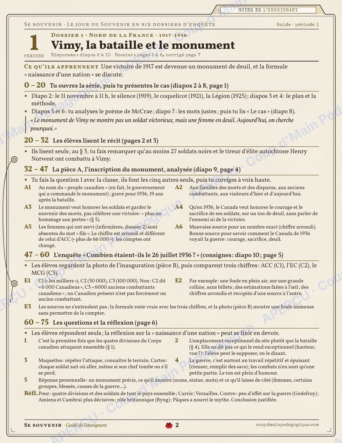 Page 2 — Jour du Souvenir en 6 dossiers — 9e-10e année, unité