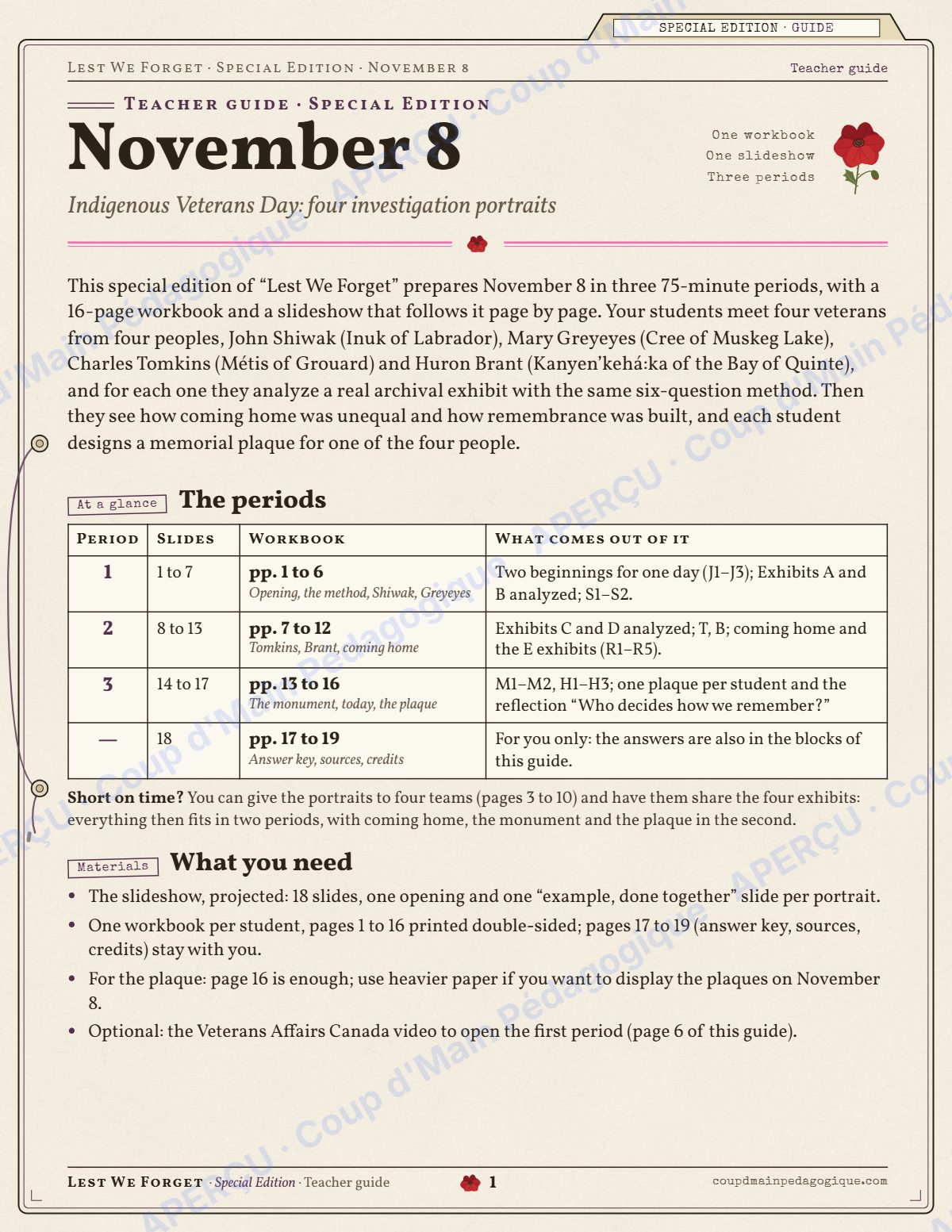 Page 1 — Indigenous Veterans Day — 10e-12e année, en anglais